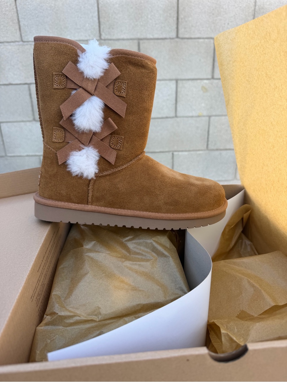 Koolaburra Chestnut Suede Women's Pom-Pom Bow Boots
